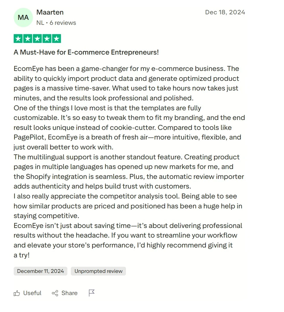 Trustpilot review of EcomEye